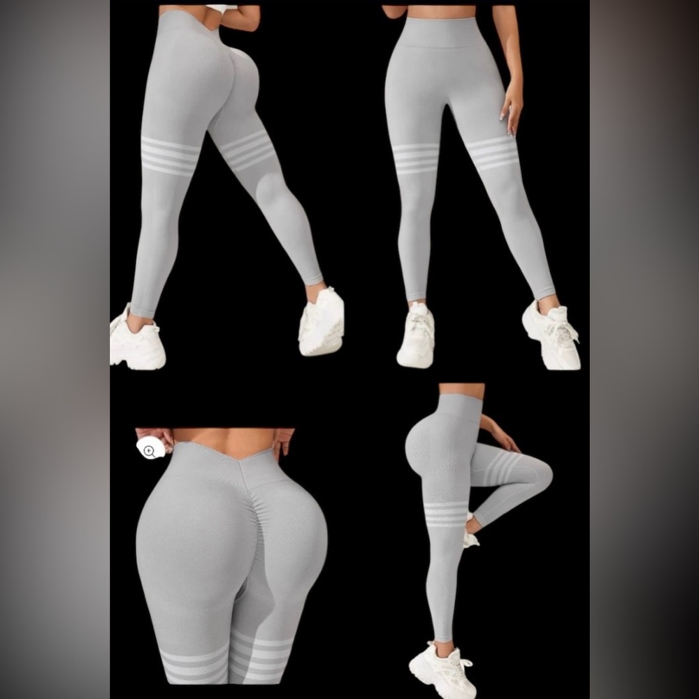 Light Gray Striped Knee Leggings Butt Lift Booty Gym Athletic Womens L.